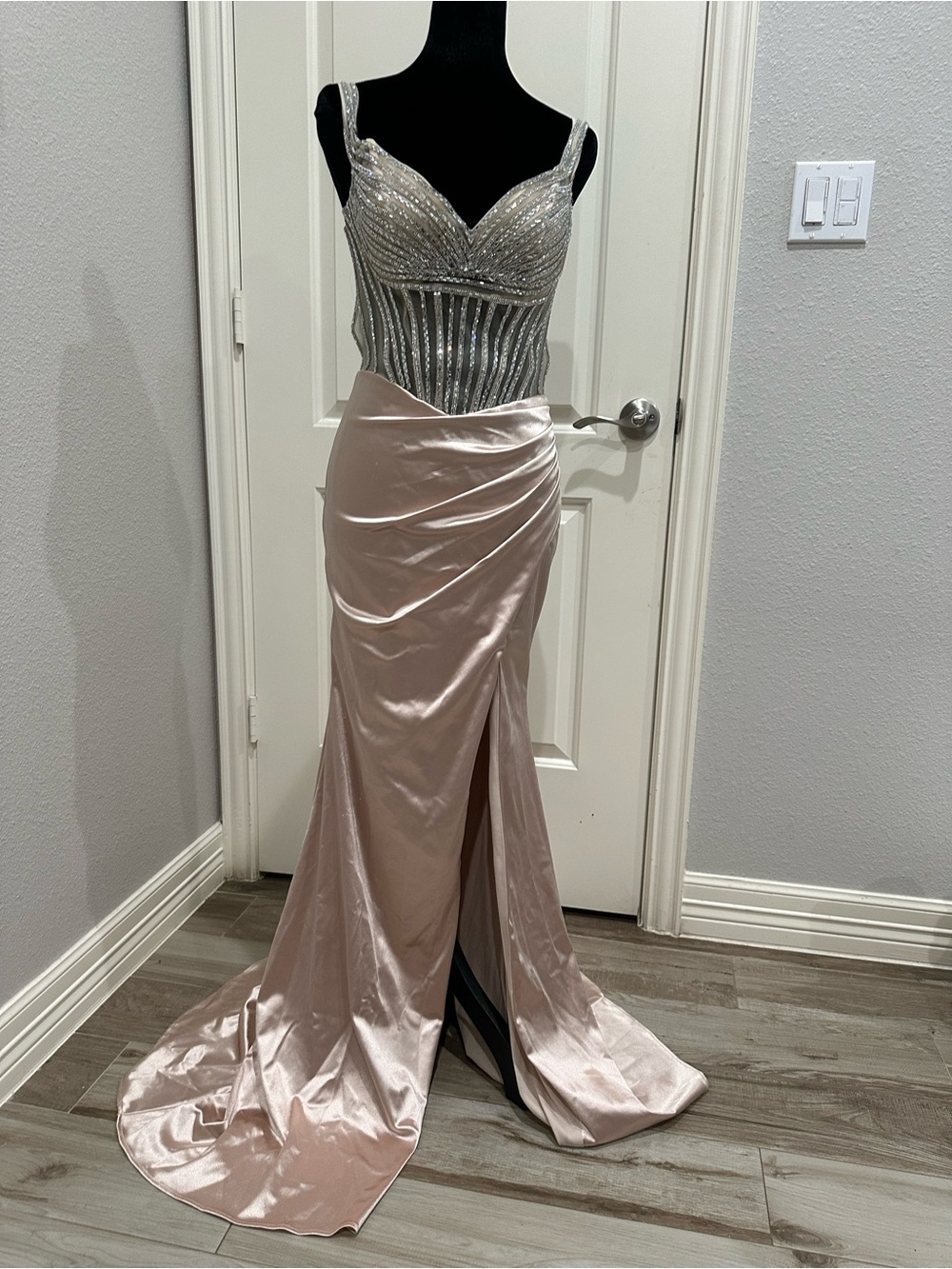 Dancing Queen Silver Beaded Corset with Blush Satin Skirt